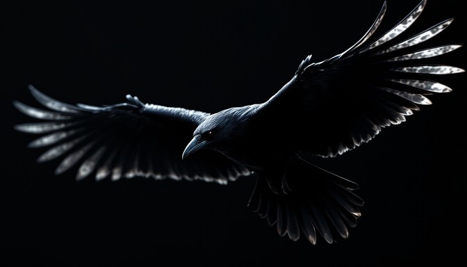 A raven taking flight, wings spread, lit against the dark
